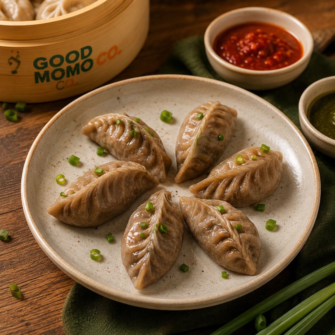Steamed Good Momo Co. millet momos on a plate with red and green chutney